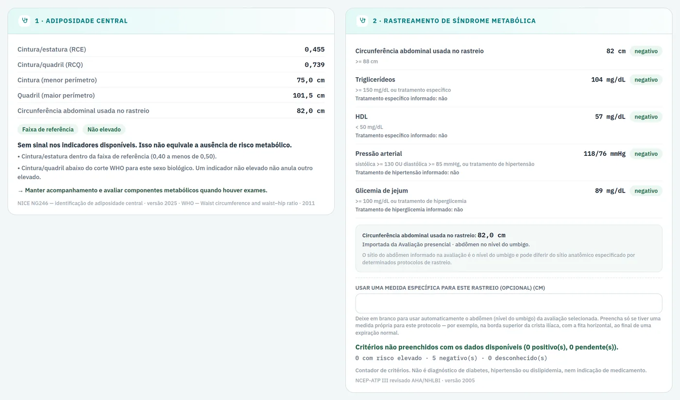 Conduta clínica: adiposidade central e rastreamento de síndrome metabólica com critérios e referências.